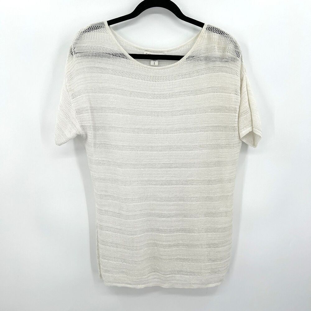 COLDWATER CREEK White Linen Open Knit Beachy Short Sleeve Shirt Top Size 8